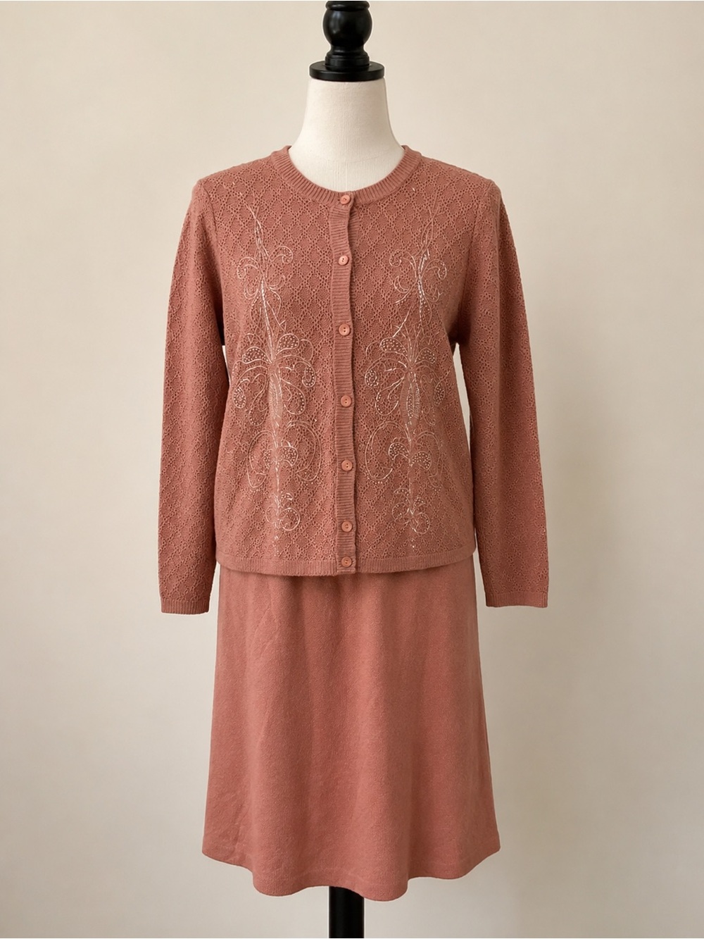 Dusty Rose Beaded Cardigan Skirt Set Alfred Dunner Size 14